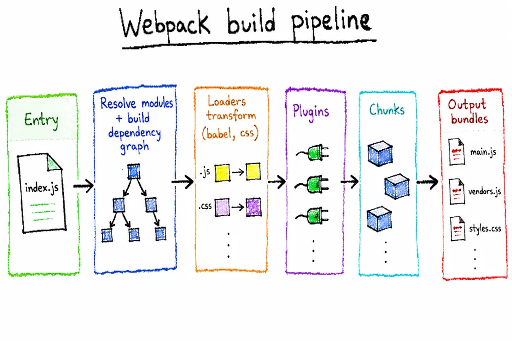 webpack 构建流程:初始化创建 Compiler → 从 entry 出发用 Loader 转译并生成 AST 递归找依赖 → seal 封装 Chunk → 写盘输出 bundle